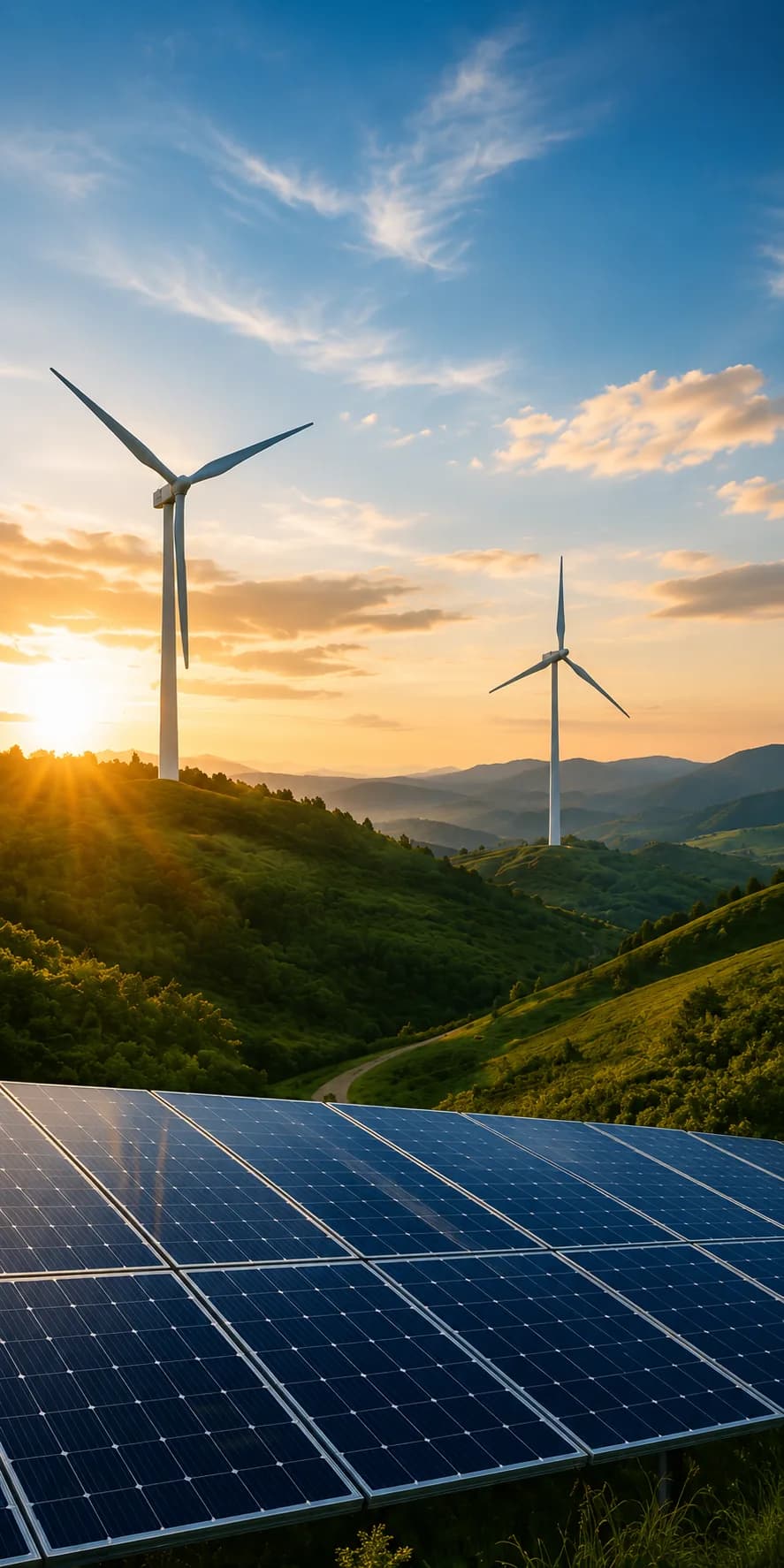Wind turbines across a green landscape representing renewable energy and long-term resilience.